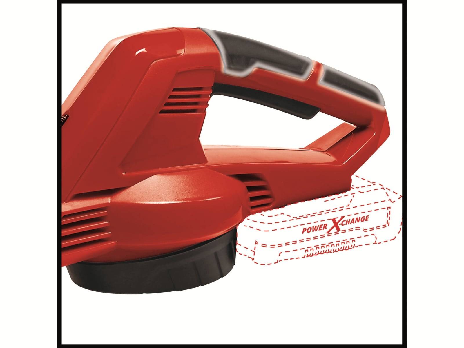 Ein roter kabelloses Rasentrimmer mit sichtbarem Griff und Motorbereich, der seine Tragbarkeit und akkubetriebenes Design betont.