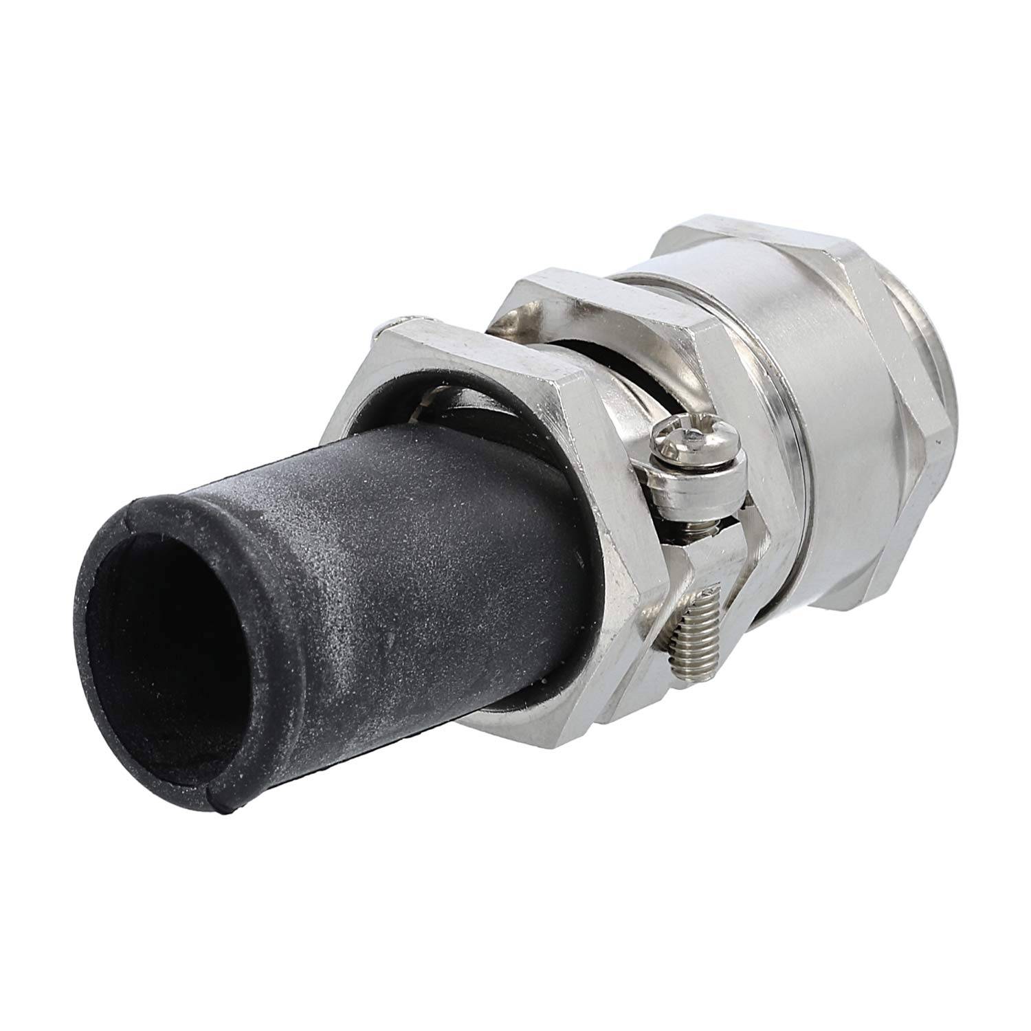 Metallischer Kabelverbinder mit einer Schutzkappe, der zum Sichern und Abschließen von Kabeln verwendet wird.