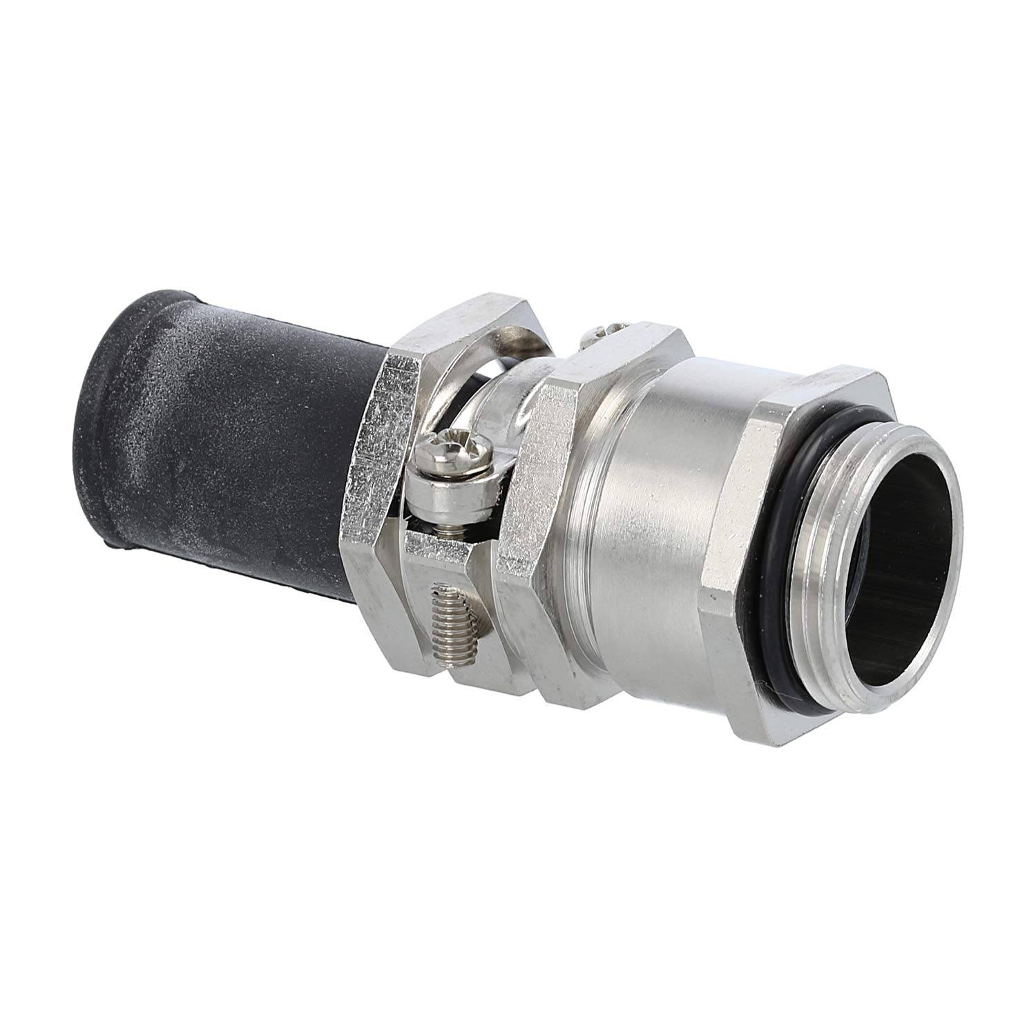 Eine Kabelverschraubung aus Metall mit Gewindeanschluss und Gummidichtung, die zum Sichern und Schützen von elektrischen Kabeln in Gerätegehäusen verwendet wird.