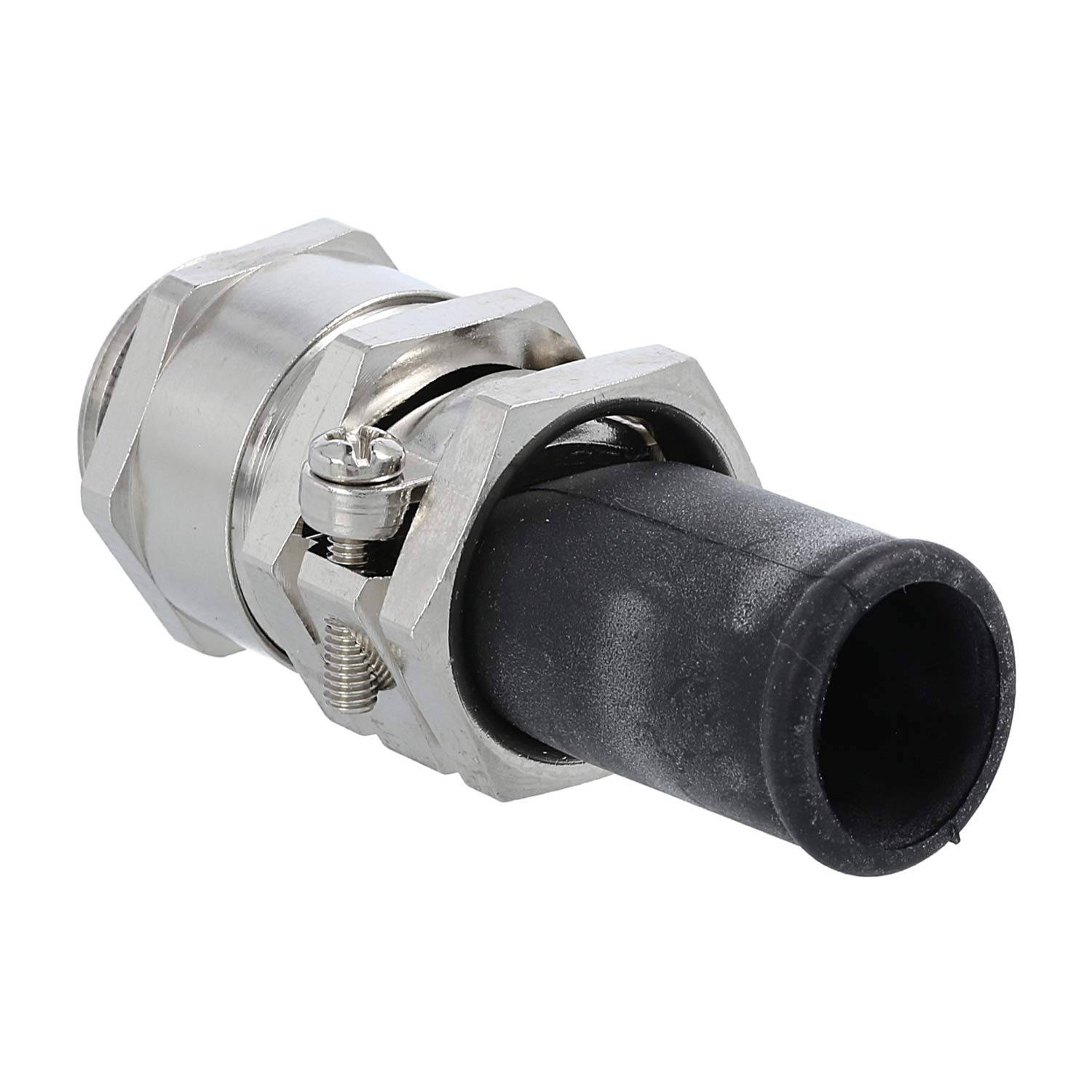 Eine Kabelverschraubung aus Metall mit schwarzer Schutzmanschette und Sechskantmutter, konzipiert für die Befestigung und Isolierung von Kabeln in industriellen Umgebungen.