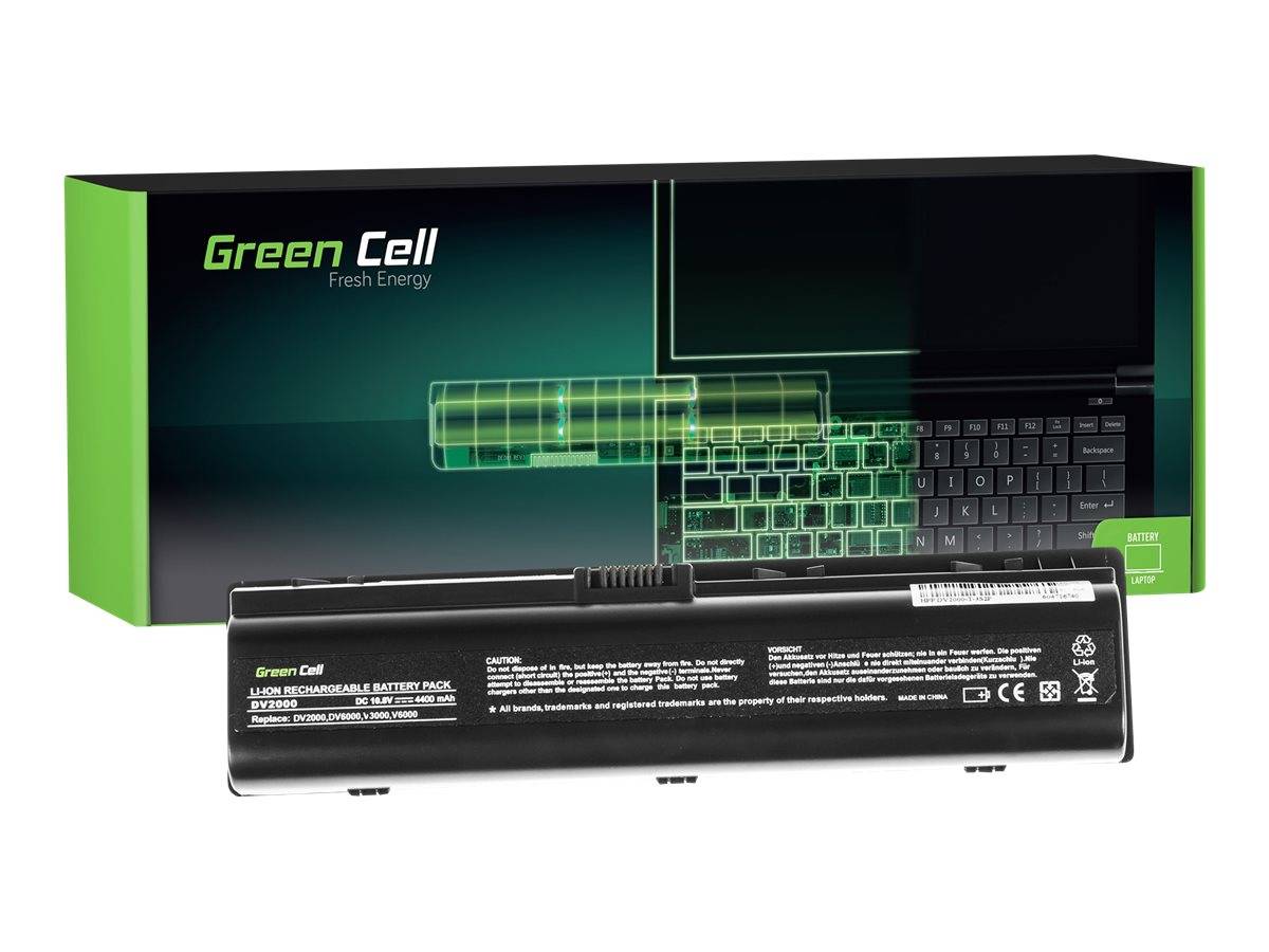 Green Cell Laptop-Akku vor seiner Einzelhandelverpackung gezeigt, mit grün-schwarzem Design und Grafik zur Kompatibilität von Tastatur/Akku auf der Verpackung.