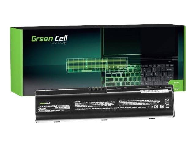 Grüne Zellenlaptop-Batterie mit ihrer Einzelhandelsverpackung im Hintergrund.
