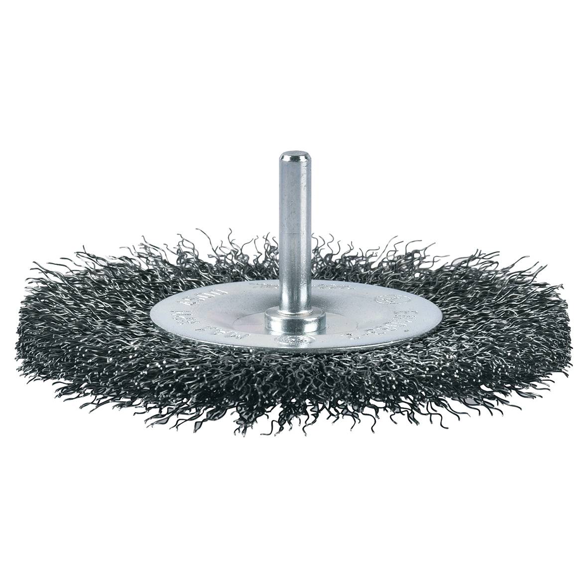 Rundes Drahtbürsten-Rad mit metallischen Schaft, verwendet zum Reinigen oder Entfernen von Rost von Oberflächen.
