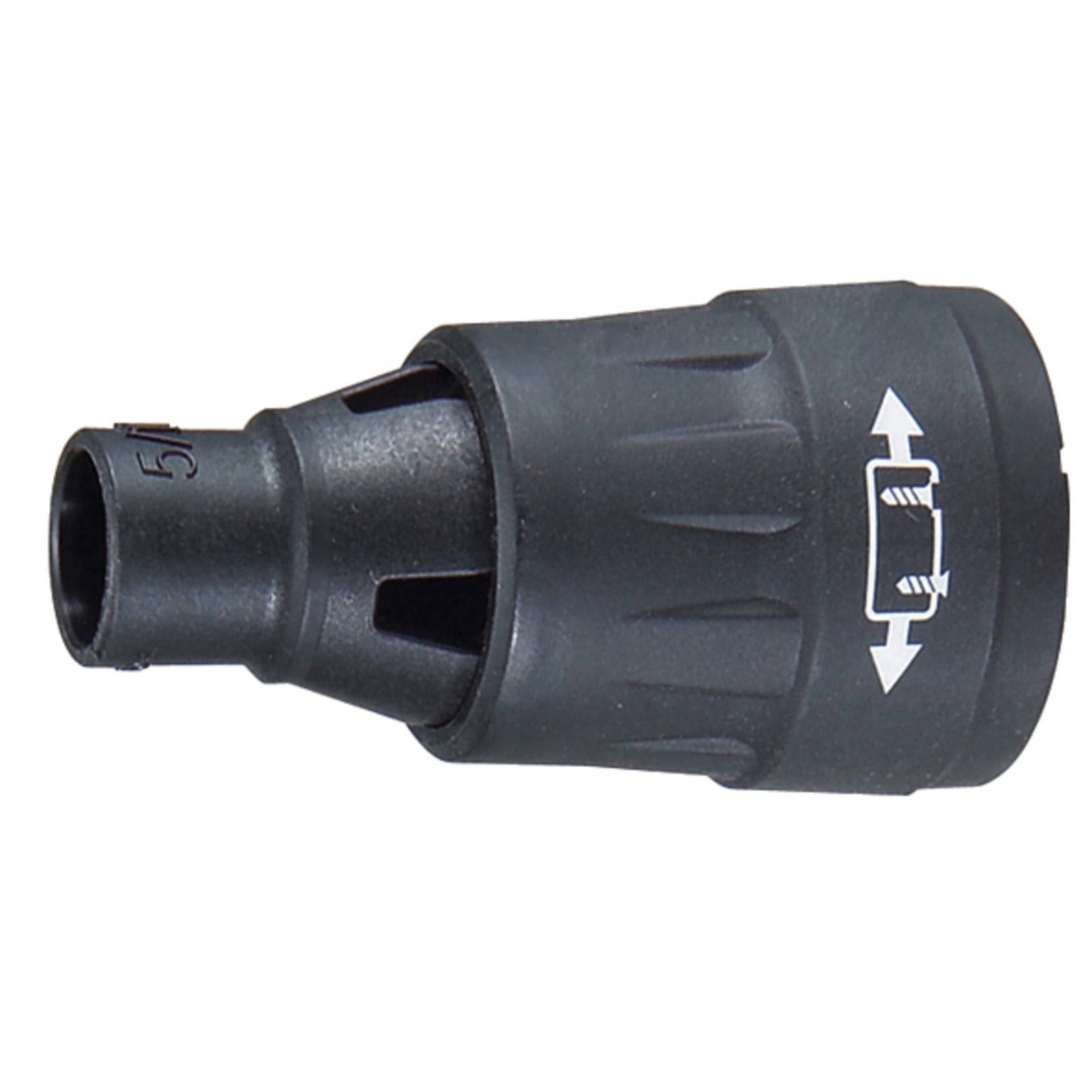 Schwarze Kunststoffdüse mit einem Pfeilsymbol, das eine einstellbare Strömungsrichtung anzeigt.