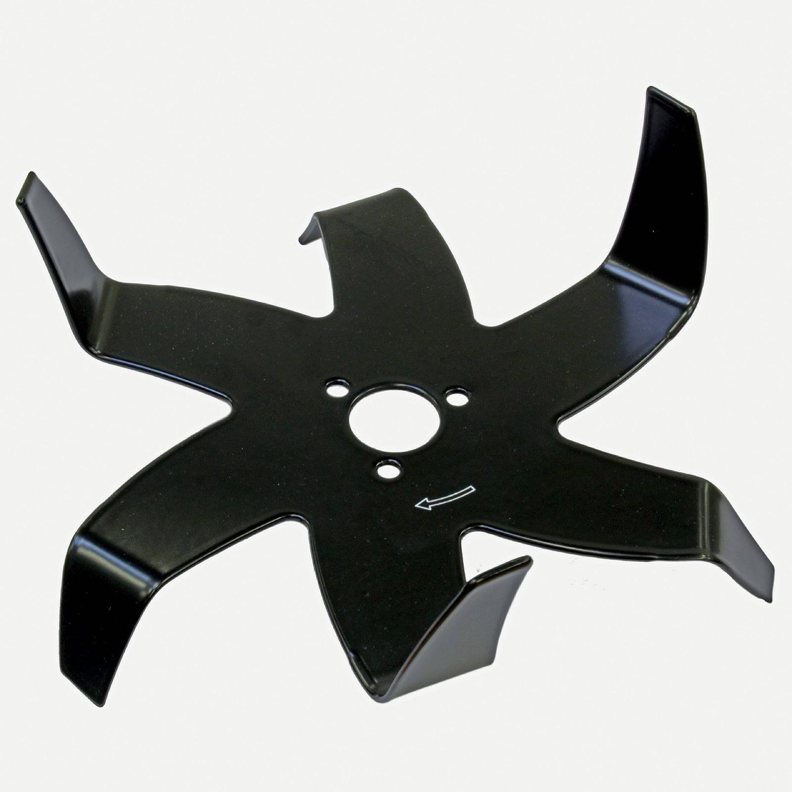 Ein Metallfächer mit fünf gebogenen Schaufeln, die jeweils an den Enden gebogen sind. Ein Pfeil nahe dem Zentrum zeigt die Rotationsrichtung an.