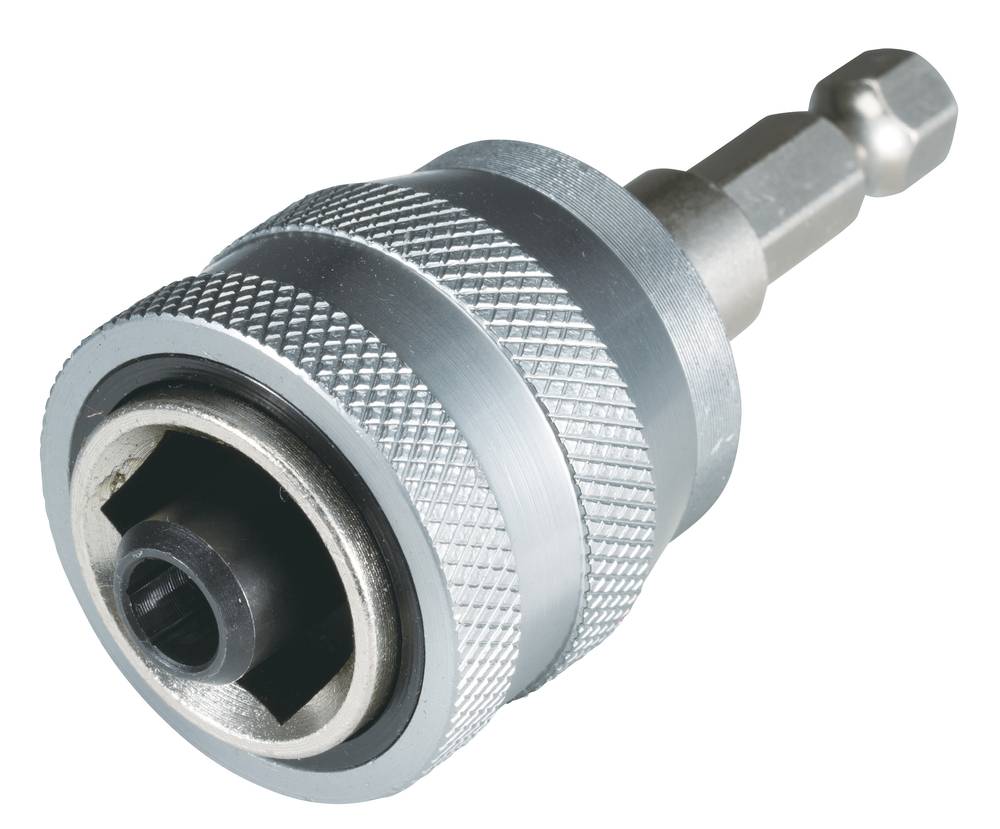 Nahaufnahme eines Metallbohrfutteradapters mit Sechskantschaft, gezeigt auf weißem Hintergrund.