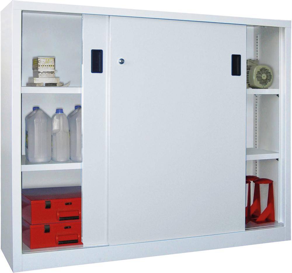 Schwerlastschrank H1200xB1500xT400 mm 4 Böden verz. Mittelwand RAL 7035 Schiebetür - Artikel: 7830354398