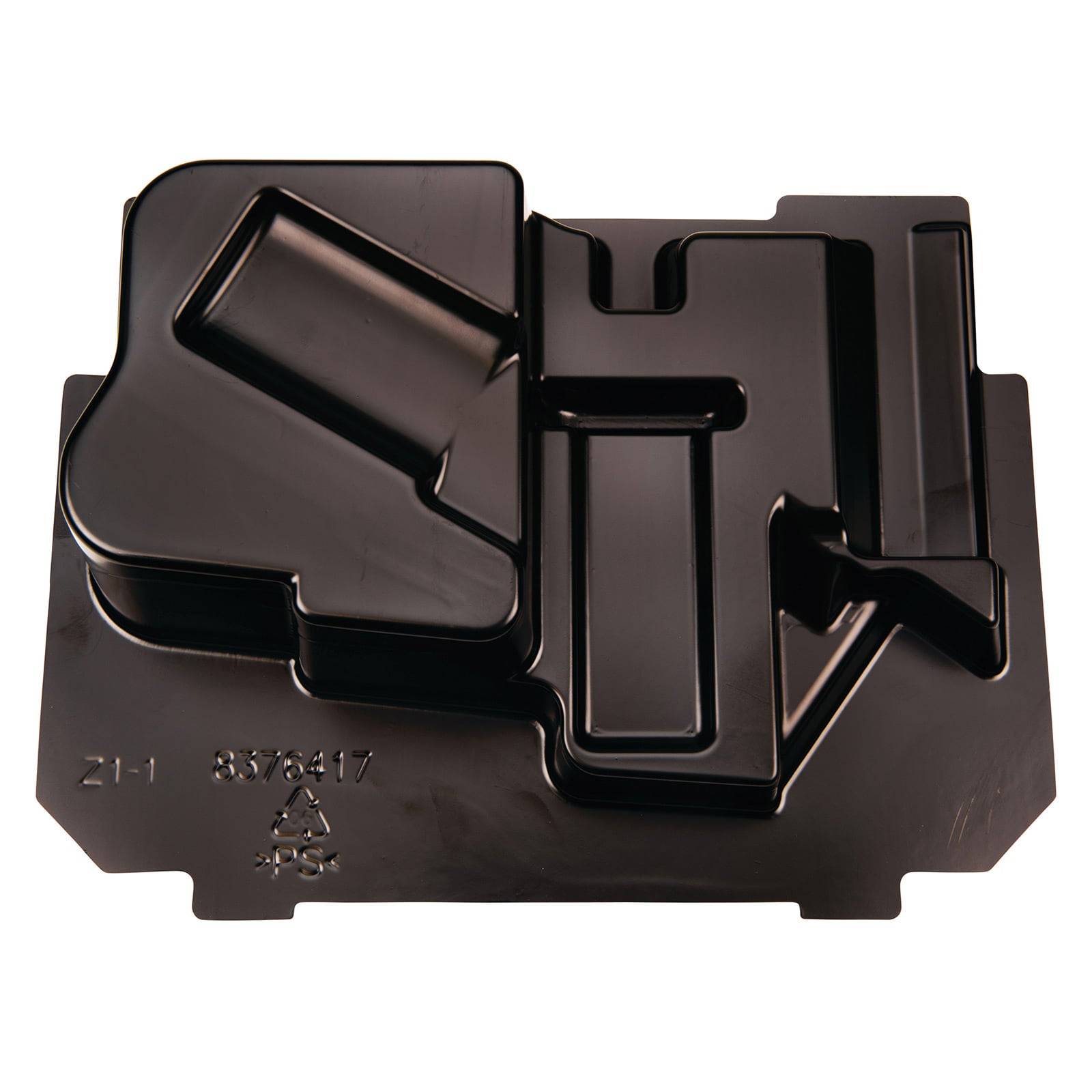 Ein schwarzes Plastikbehältnis mit erhöhten Abteilungen und eingravierter Nummer '21-1 837417', möglicherweise zur Organisation oder Verpackung von Gegenständen verwendet.