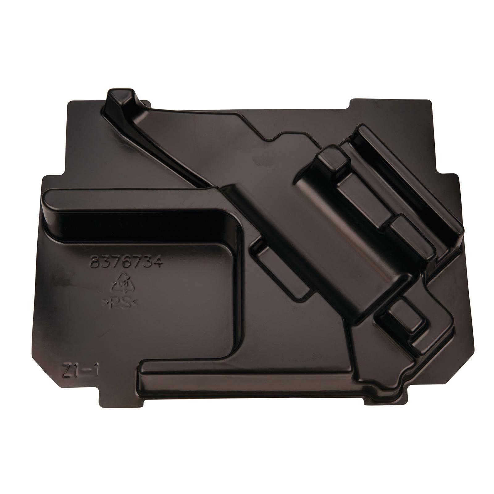 Eine schwarze Kunststoffform mit einem geprägten Code '8376734', einem Recycling-Symbol und dem Text '21-1'. Die Form weist geometrische Formen und Rillen auf.