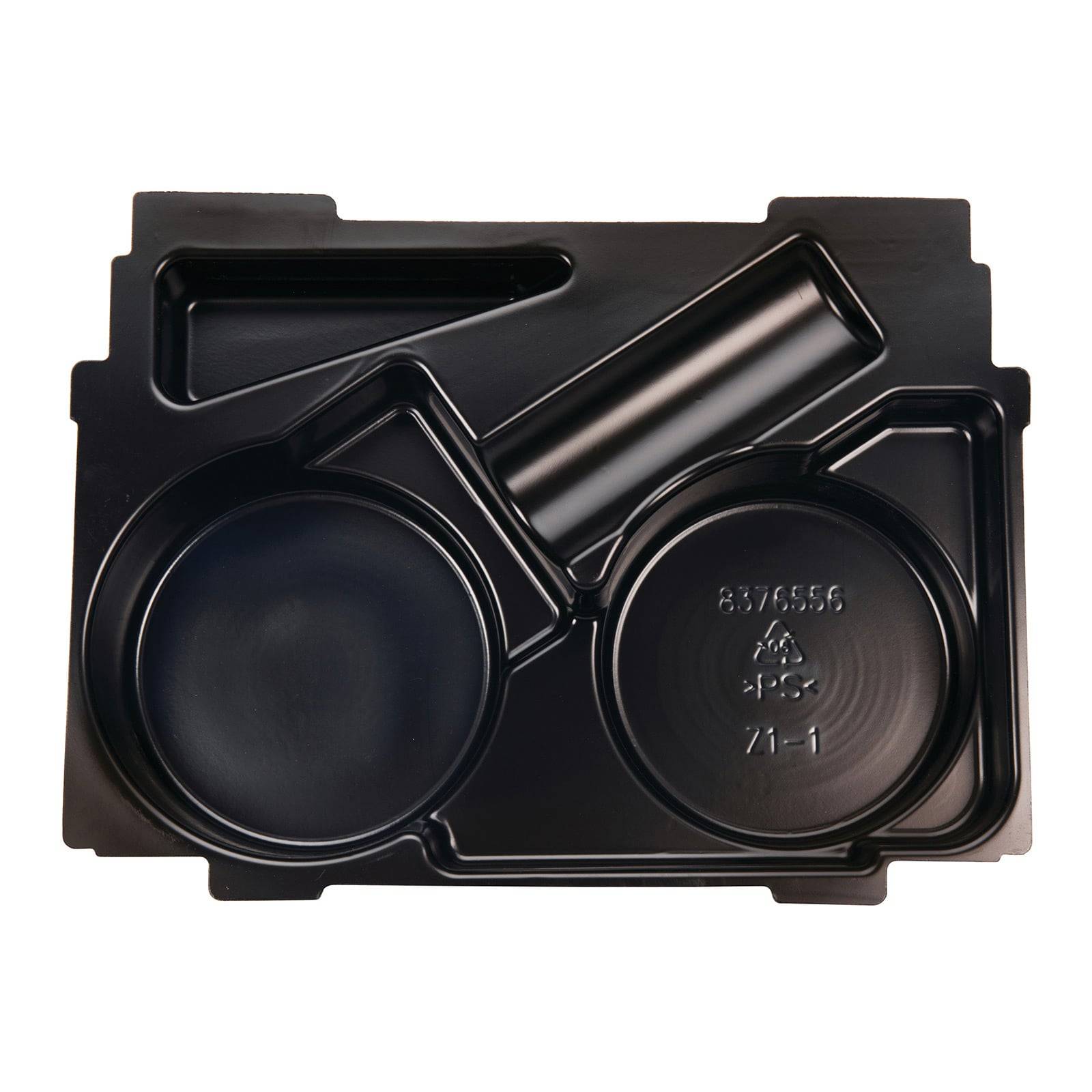 Ein schwarzes Plastikbehältnis mit Fächern, das für die Aufnahme kreisförmiger Gegenstände konzipiert ist und an dessen Oberfläche Recycling-Symbole und -Codes eingeprägt sind.