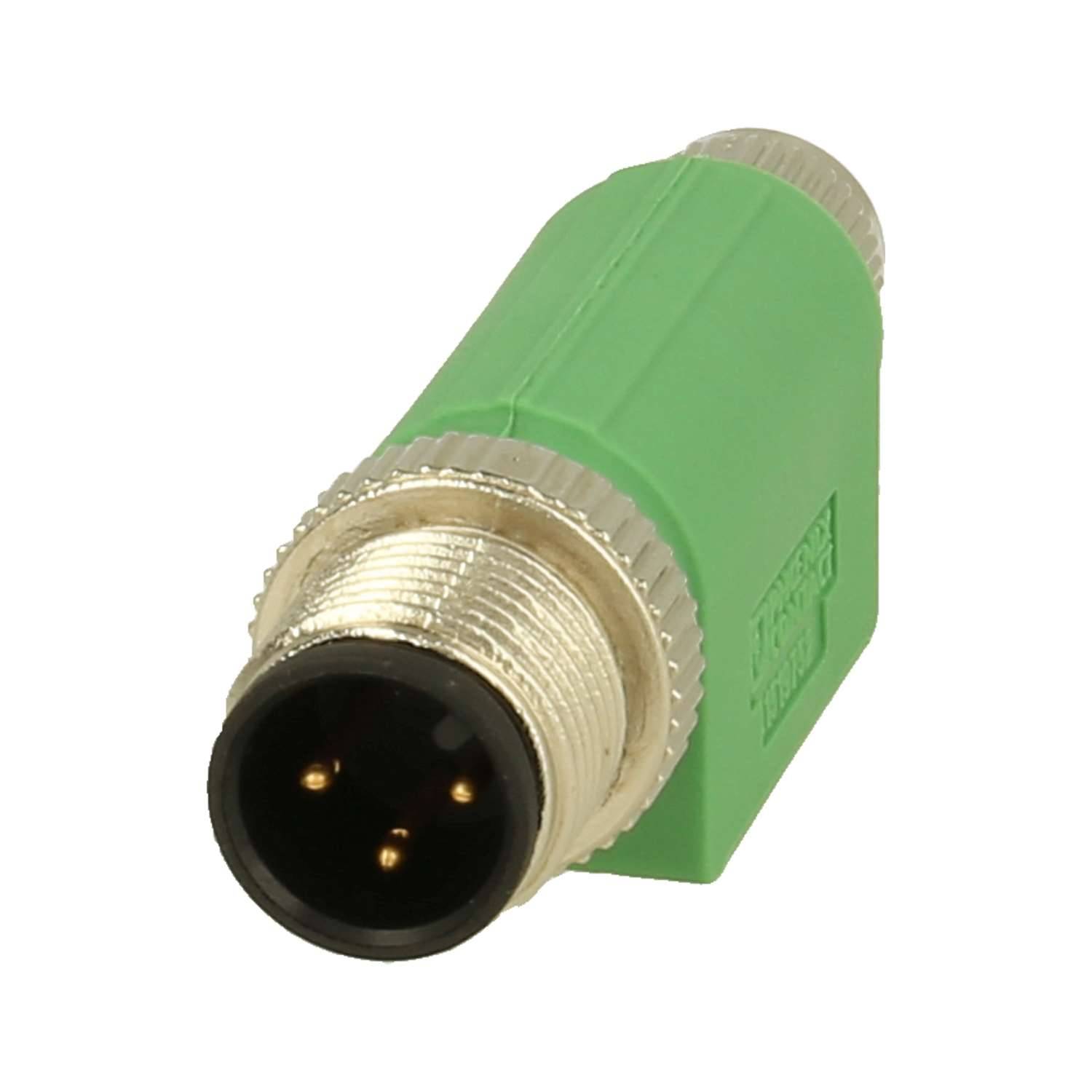 Ein männlicher M12-Stecker mit grünem Gehäuse, ausgestattet mit drei Metallstiften, verwendet für Industrieanwendungen und robuste Verbindungen.