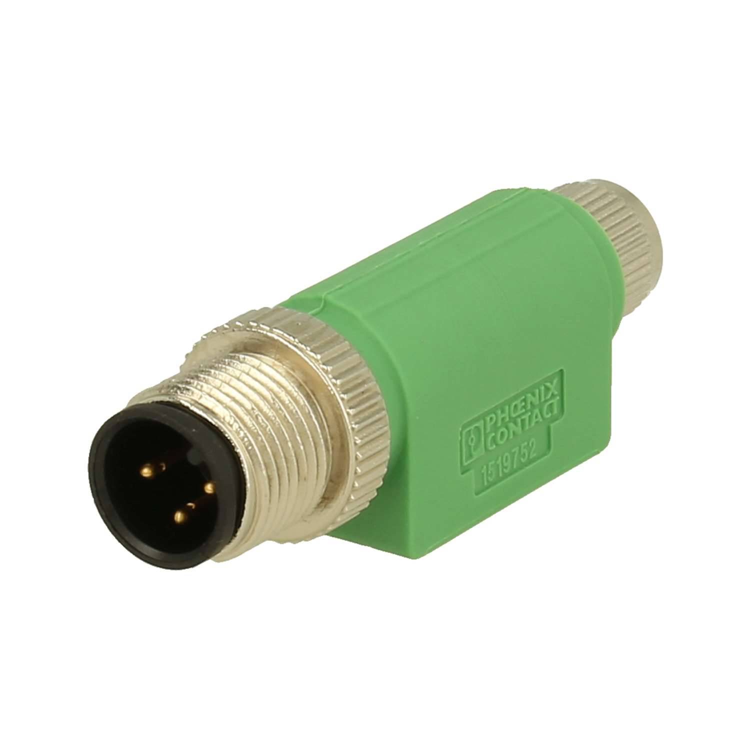 Ein grüner, rechteckiger Phoenix Contact Steckverbinder mit einem metallischen zylindrischen Ende und drei sichtbaren Stiften, verwendet für elektrische Verbindungen.