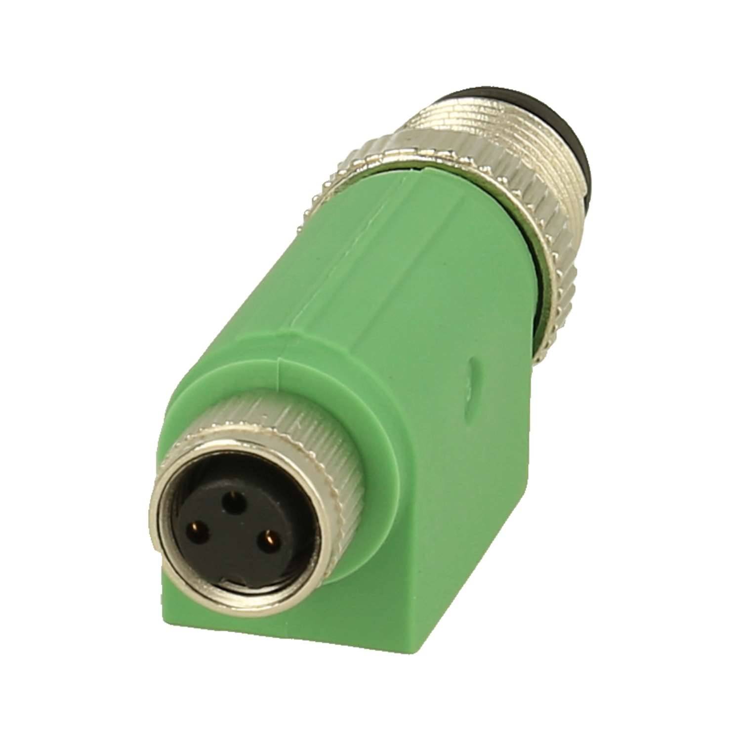 Grüner rechtwinkliger M12-Rundsteckverbinder mit drei Pins, umgeben von metallischem Gewinde, verwendet für industrielle Datenverbindungen.