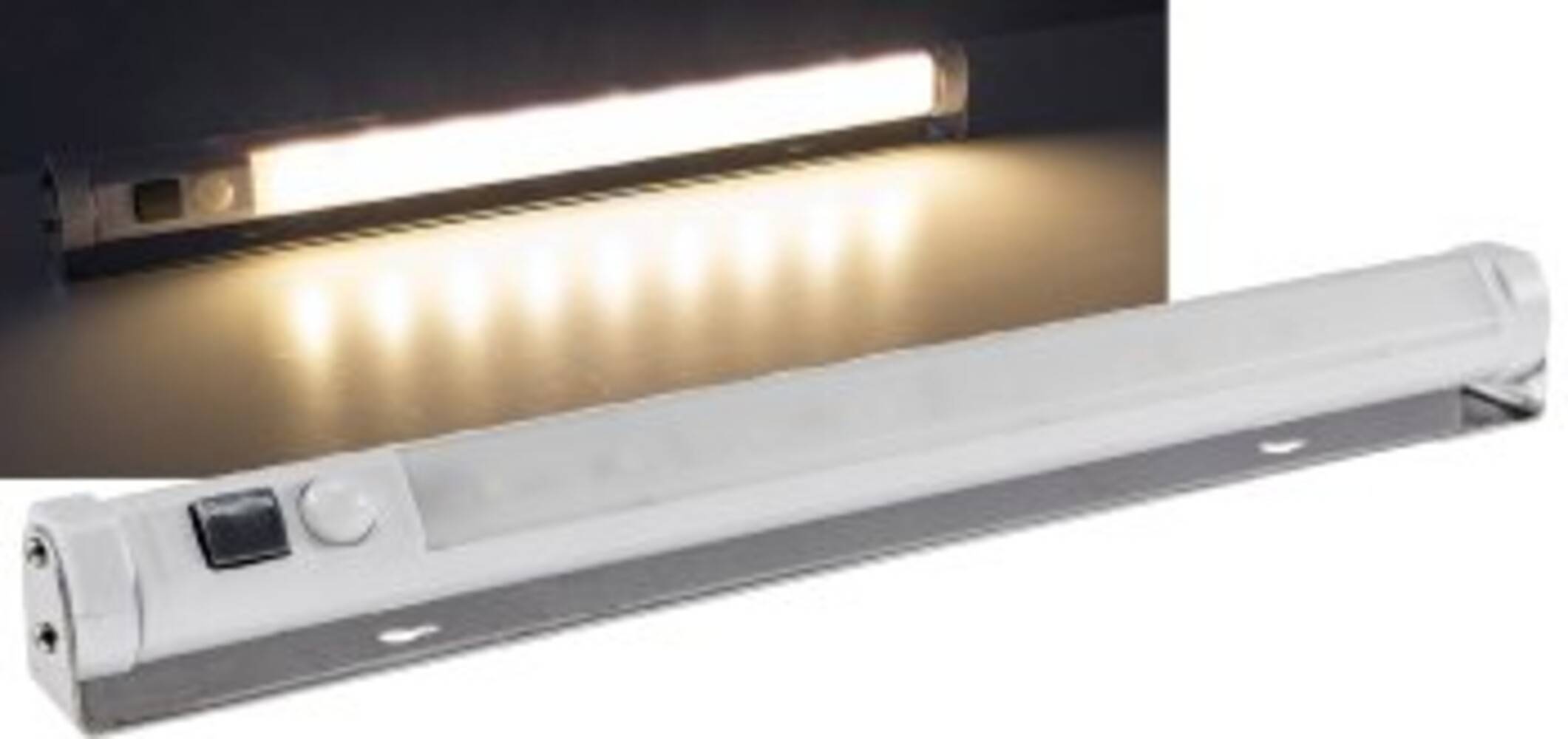 Weiße Unterbau-Leuchtstoffleuchte mit Schalter und Kabel, oben leuchtend und unten ausgeschaltet dargestellt.
