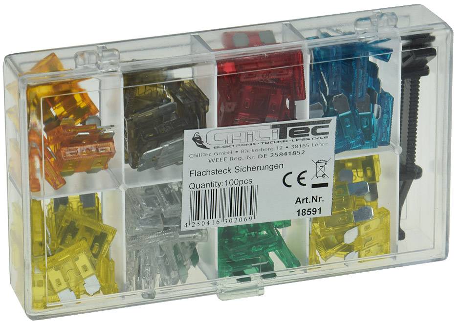 ChiliTec Sortiment Kfz Flachsteck Sicherungen mit Sortiments-Box, 100-teilig