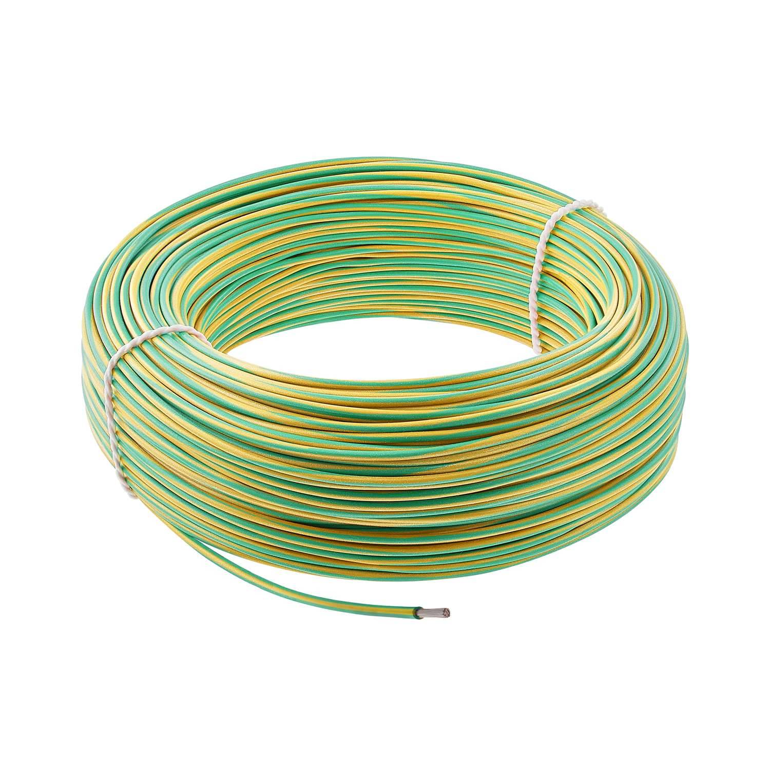 Ein aufgerolltes gelb-grünes Elektrokabel mit weißen Streifen, das zur Erdung verwendet wird.