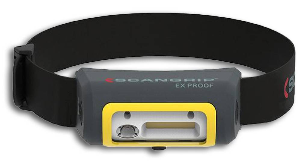 Schwarze Stirnlampe mit verstellbarem Riemen und gelbem vorderen Bezel, gekennzeichnet mit „EXP PROOF