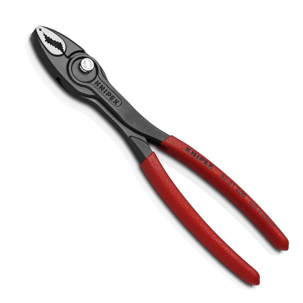 Schwarze Knipex-Zangen mit roten Griffen, isoliert auf weißem Hintergrund dargestellt.