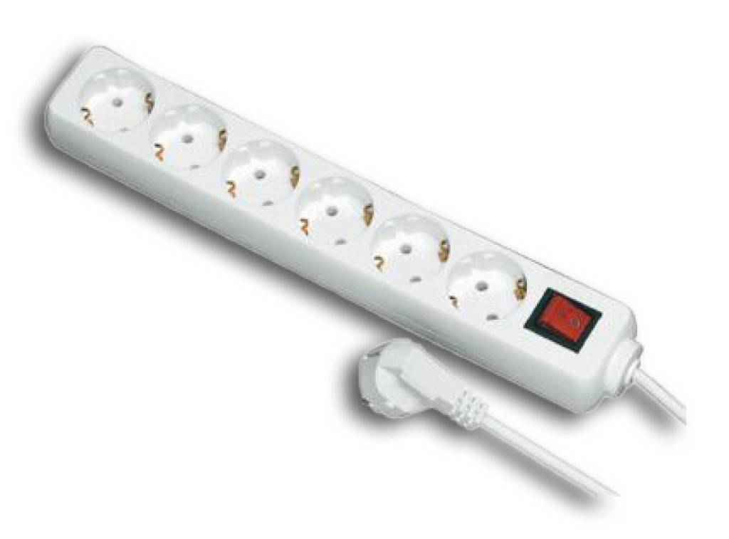 Steckdosenleiste 6-fach mit Schalter2-polig, 16 A, 250 V 1,4 m Zuleitung H05VV-F 3G 1,5 mmMit integriertem Kinderschutz 45 gedrehte Steckdosentöpfe