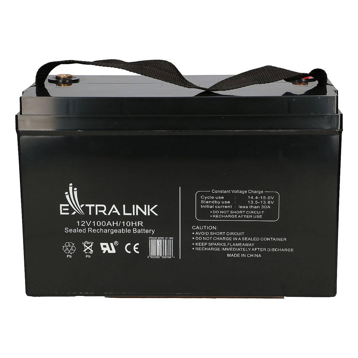 Schwarze ExtralinK 12V versiegelte wiederaufladbare Batterie mit Trageband und gedrucktem Warnhinweis auf der Vorderseite.