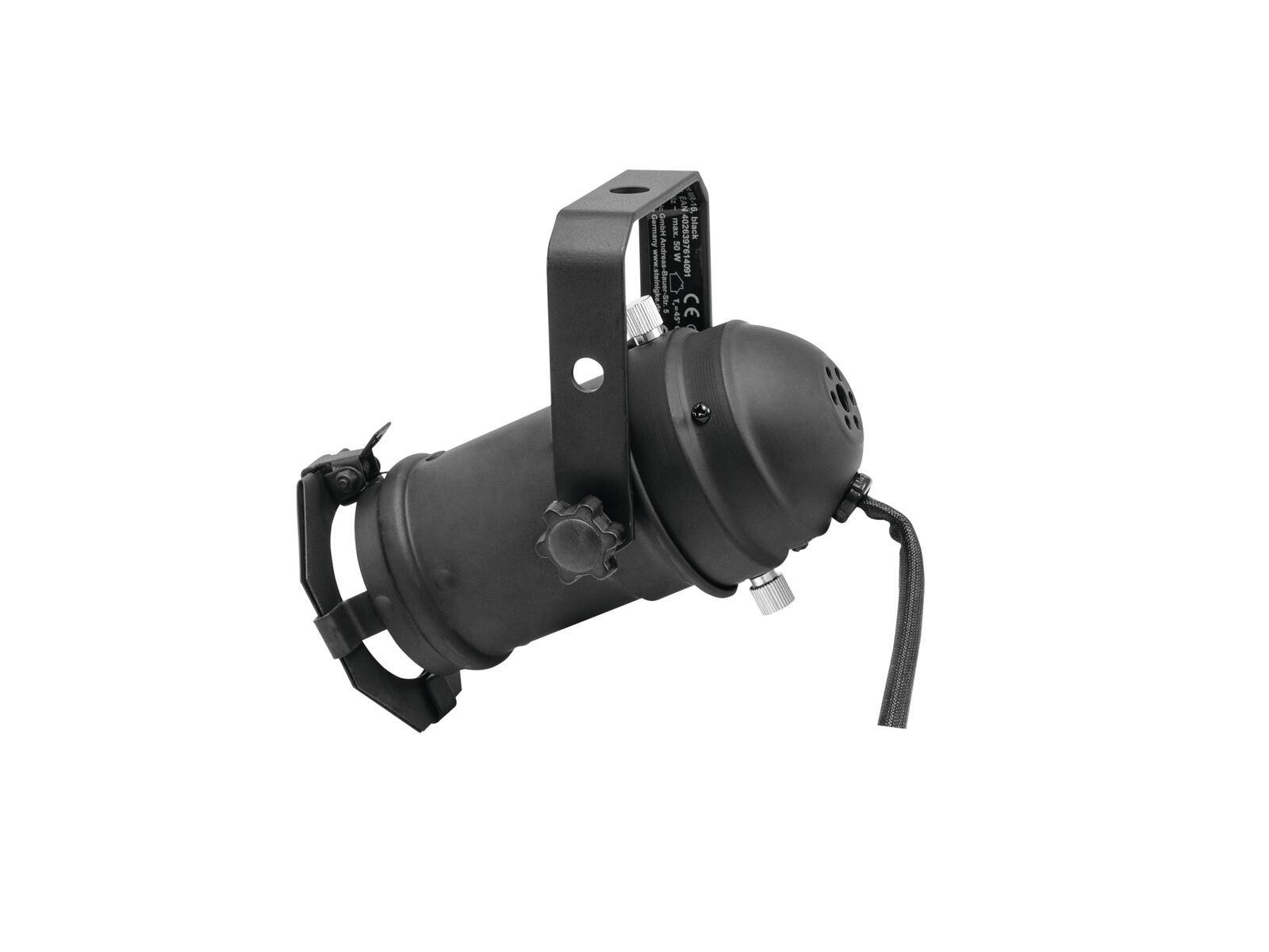 Eine schwarze Bühnenscheinwerfer mit verstellbarer Halterung und Stromkabel, konzipiert für Theaterbelechtung oder Live-Veranstaltungen.