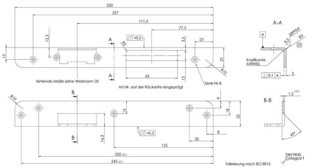 Winkelschließblech 15-3EProduktmerkmale Fallen- und Riegelschließblech Abmessung 250 x 32 x 25 x 3 mm Kantig Mit Lochung für E-ÖffnerE