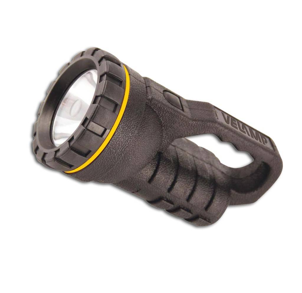 Schwarze tragbare Taschenlampe mit großer runder Linse und gelbem Akzent, dargestellt auf weißem Hintergrund.