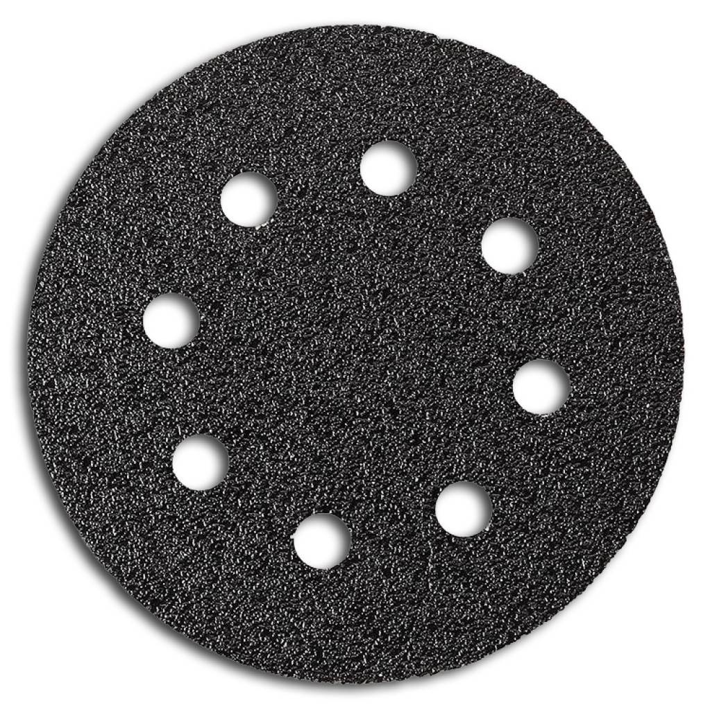 Runde schwarze Schleifscheibe mit gleichmäßig verteilten kreisförmigen Löchern zur Staubabsaugung.