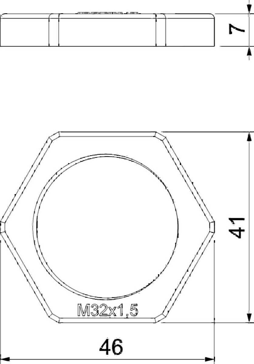 Sechskantschraubenkopf-Diagramm mit kreisförmigem Innenbereich. Gesamthöhe beträgt 41 Einheiten. Die Schraubengröße ist mit 'M32x1.5' gekennzeichnet.