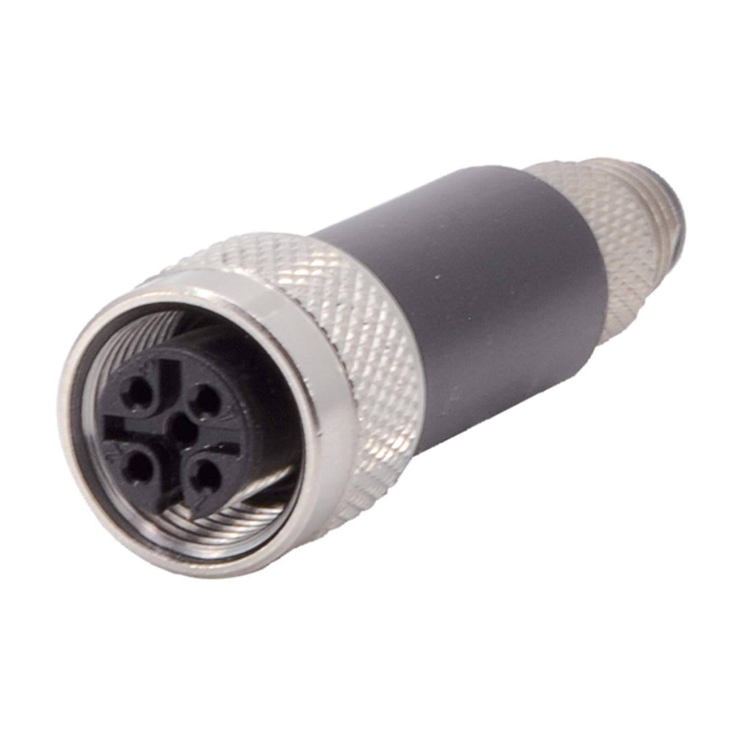 Ein vierpoliger männlicher XLR-Stecker mit Metallgehäuse, üblicherweise für Mikrofon- und Audiogeräteverbindungen verwendet.