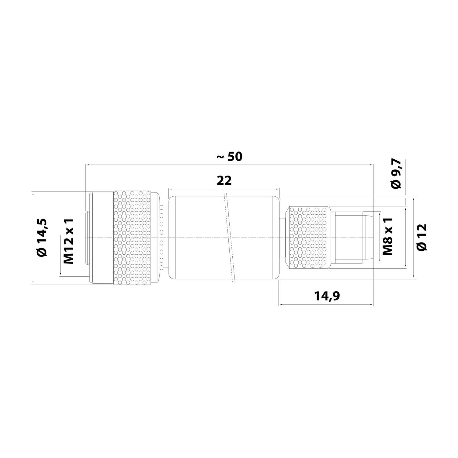 Technische Zeichnung einer zylindrischen Komponente mit Maßangaben: Länge 50 mm, M12 x 1 Gewinde auf einer Seite, M8 x 1 Gewinde auf der anderen Seite.