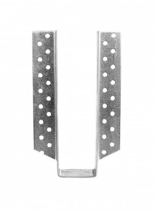 Ein Metallbalkenträger mit Löchern auf beiden Seiten zur Befestigung, typischerweise im Bauwesen verwendet, um Holzbalken in Gebäuderahmen zu stützen.