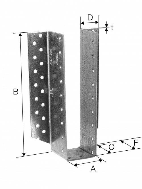 Metallhalterung mit mehreren Schraubenlöchern, Abmessungen gekennzeichnet: B, C, F und t. Wird für strukturelle Abstützung oder Verbindungen verwendet.