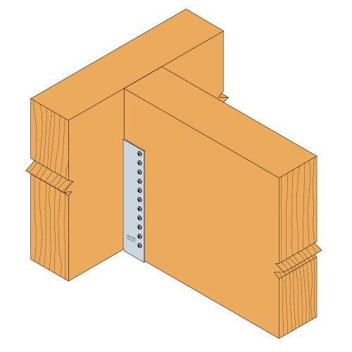 Illustration einer Metallklammer, die zwei Holzbalken im rechten Winkel verbindet, mit Darstellung der Schraubenplatzierungen zur Sicherung der Verbindung.
