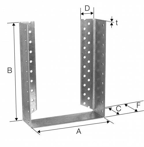 Metallhalter mit Löchern, mit den Maßen A, B, C, D, F, t gekennzeichnet. Wird für Konstruktions- oder Montagezwecke verwendet.