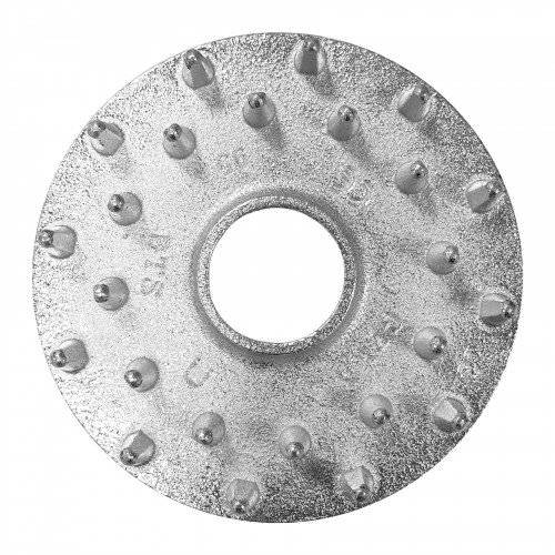 Eine Metallscheibe mit einem zentralen Loch und gleichmäßig verteilten Erhebungen auf ihrer Oberfläche, wahrscheinlich für industrielle oder Bauzwecke verwendet.