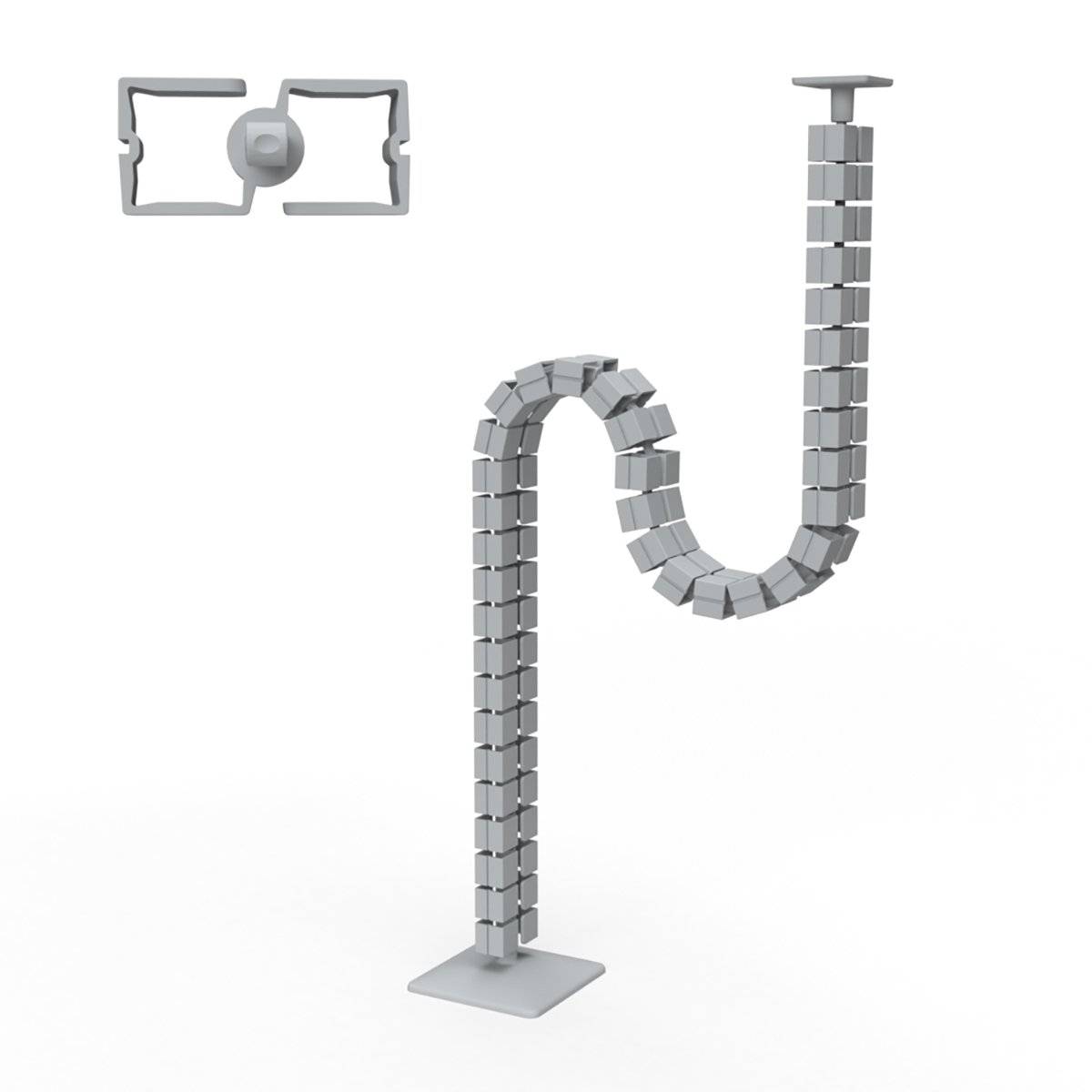 Eine flexible graue Kabelführungsschiene mit ineinandergreifenden Segmenten ermöglicht verstellbare Höhe und Richtung zur Organisation von Bürokabeln.