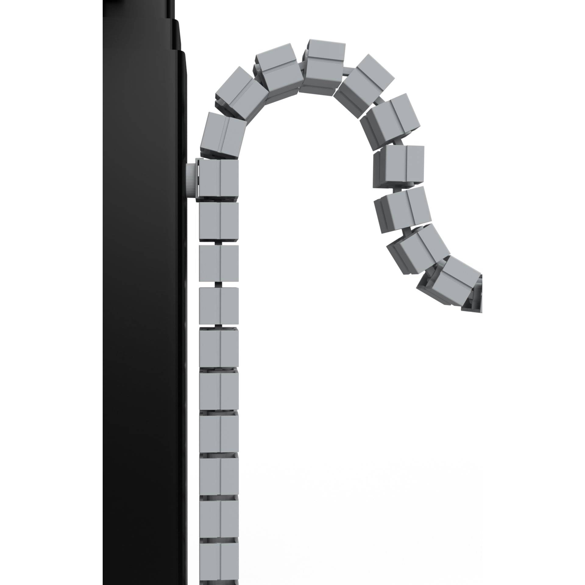 Ein schwarzer vertikaler Träger mit einem segmentierten, grauen Bogen, der sich von ihm erstreckt und einen flexiblen, mechanischen Arm ähnelt.