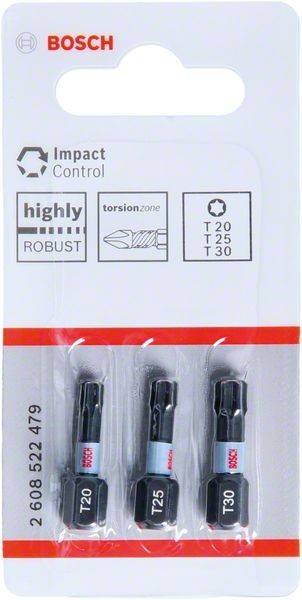 Impact Control' Bohrer in Verpackung, gekennzeichnet als 'hochrobust' und 'Torsionszone', Größen T20, T25, T30 enthalten.