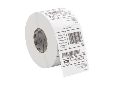 Eine Rolle weißer Klebeetiketten mit gedruckten Barcodes und kleinem Text, die eine Produkt- oder Versandetikettrolle zeigt.