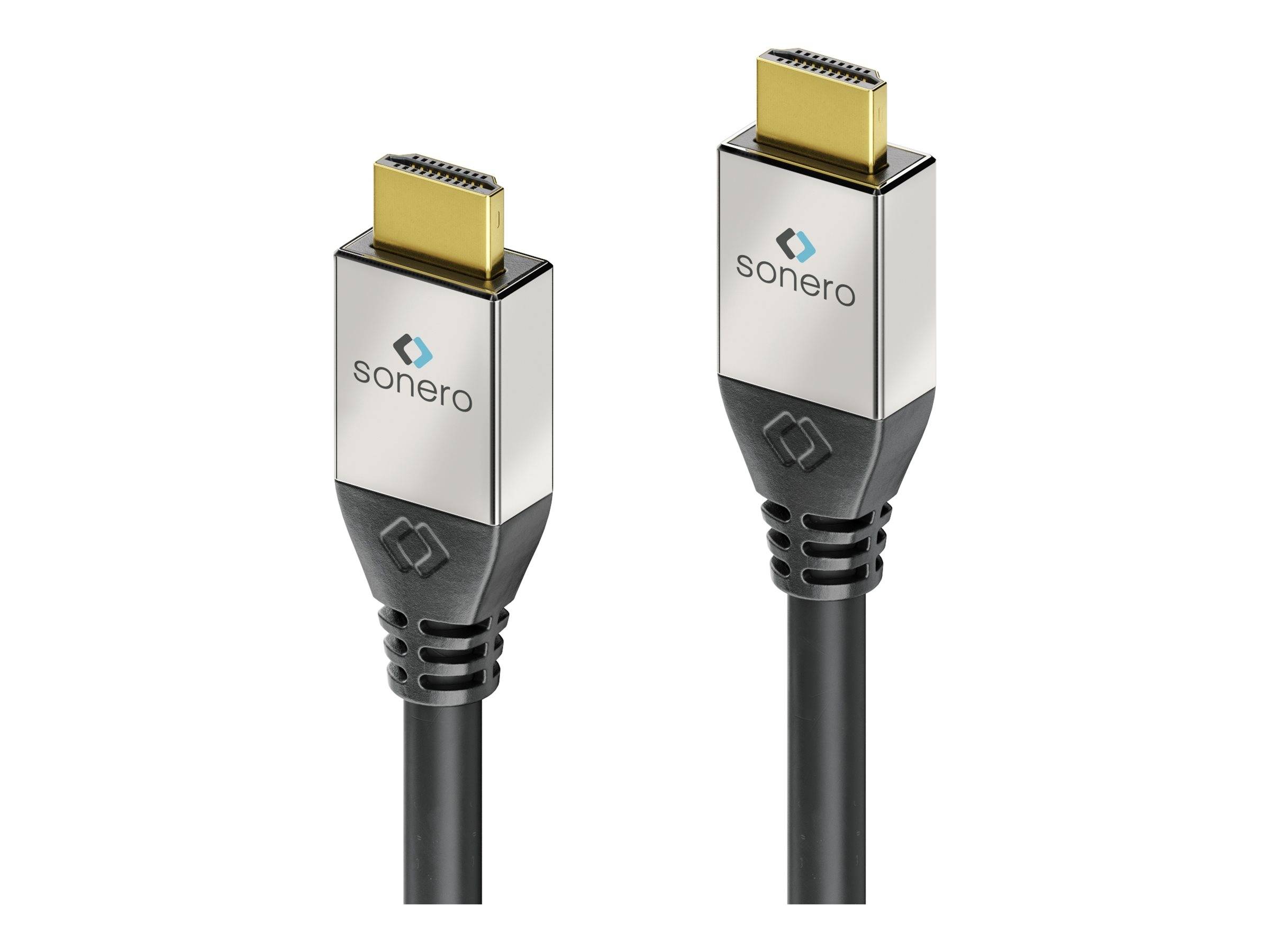 Zwei Sonero HDMI-Kabel mit vergoldeten Steckern auf weißem Hintergrund.