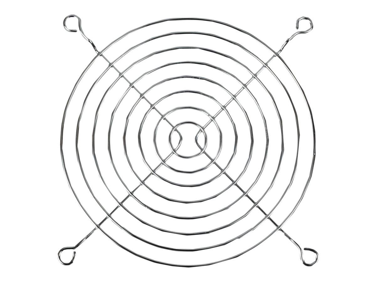 Rundes Metallgitter für Ventilatoren mit konzentrischen Ringen und gekreuzten Stützstreben, mit vier Befestigungsschlaufen an den Ecken.
