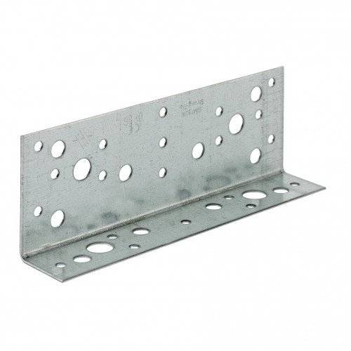 Eine Metallwinkelbefestigung mit mehreren kreisförmigen Löchern verschiedener Größen, die für strukturelle Unterstützung im Bauwesen und in der Holzbearbeitung verwendet wird.