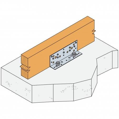 Eine Metallverbindungsplatte sichert einen Holzbalken auf einer Betonfundament und illustriert ein strukturelles Verbindungsdetail im Bauwesen.