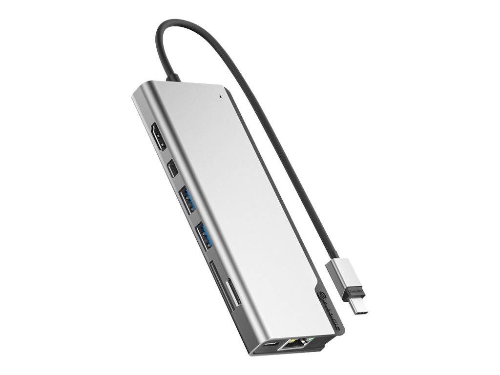 USB-C Hub mit mehreren Anschlüssen, einschließlich HDMI, USB, Ethernet und SD-Kartensteckplätzen, entwickelt zur Erweiterung der Geräteverbindungen.