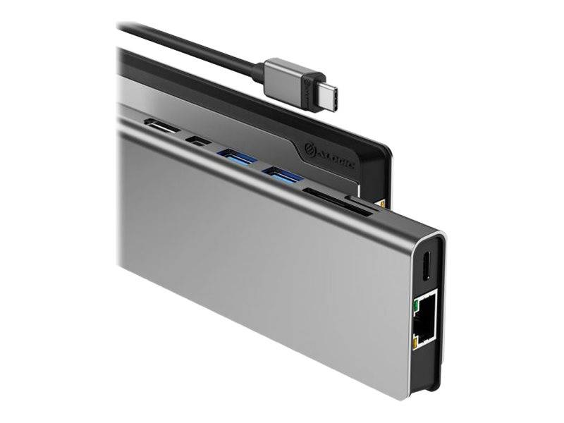 USB-C-Dockingstation mit mehreren Anschlüssen, einschließlich USB, HDMI, Ethernet und Thunderbolt, neben einem kompatiblen Kabel zur Verbindung.