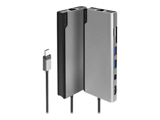 Ein zweiseitiger USB-C-Hub mit verschiedenen Anschlüssen, einschließlich USB-A, Ethernet, HDMI und SD-Kartensteckplätzen, mit angeschlossenem USB-C-Kabel.