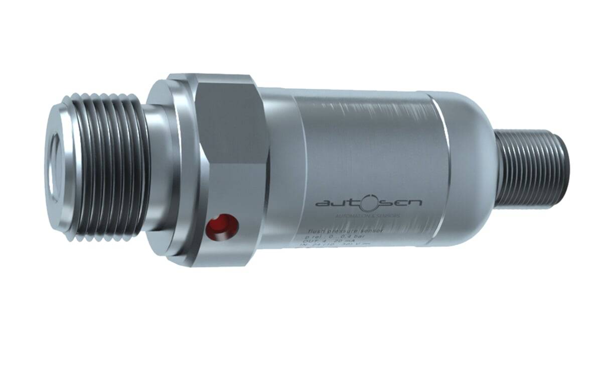 Ein zylindrischer Metallsensor mit Gewinde an einem Ende und einer glatten, gewölbten Kappe am anderen Ende, mit der Beschriftung 