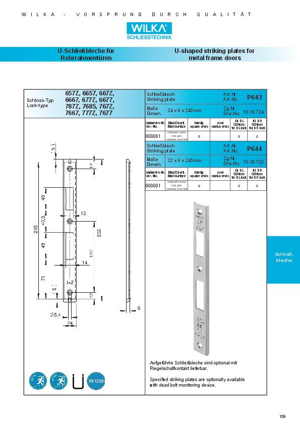 Schließbl.P643 VA ma geb.U-Schließblech f.Fluchttüren DIN L/R B.24xL.243mm WILKA