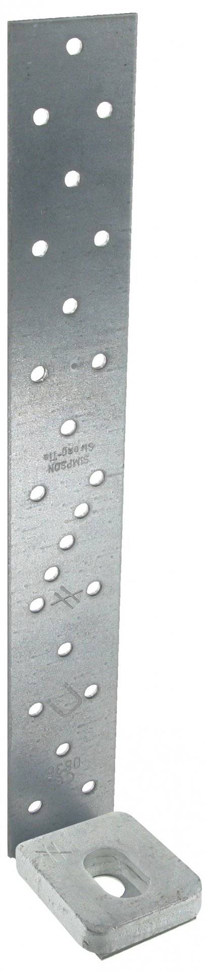 Eine Metallhalterung mit kreisförmigen Löchern, gekennzeichnet mit „Simpson Strong-Tie